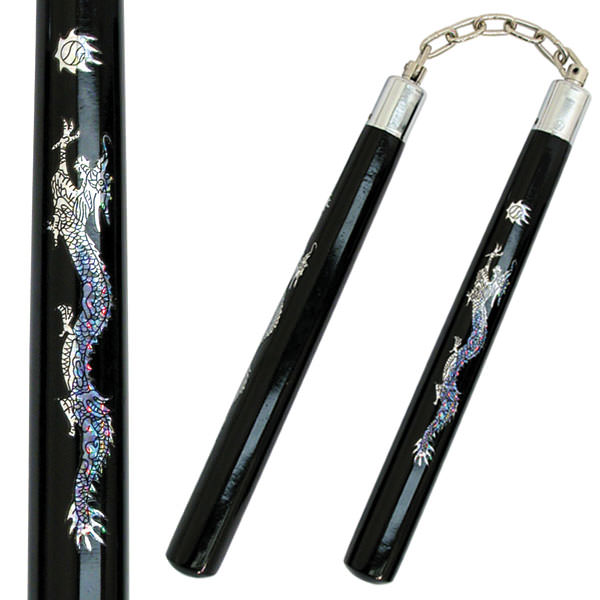 Wooden Nunchaku with Black Finish and Dragon Design - Tophatter's Army Products & Self Defense Collectible Weapons - Tophatter Daily Deals